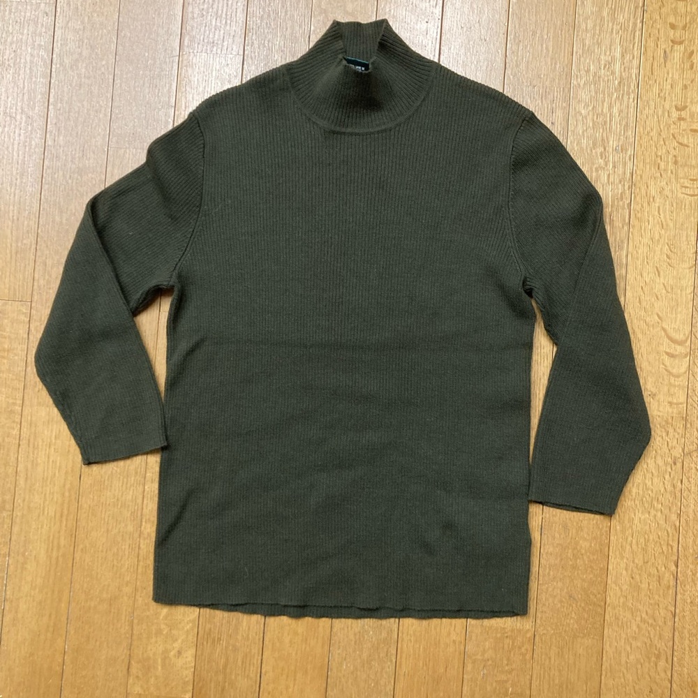 Ralph Lauren Forest Green Mock Neck Ribbed Sweater with 3/4 Sleeves